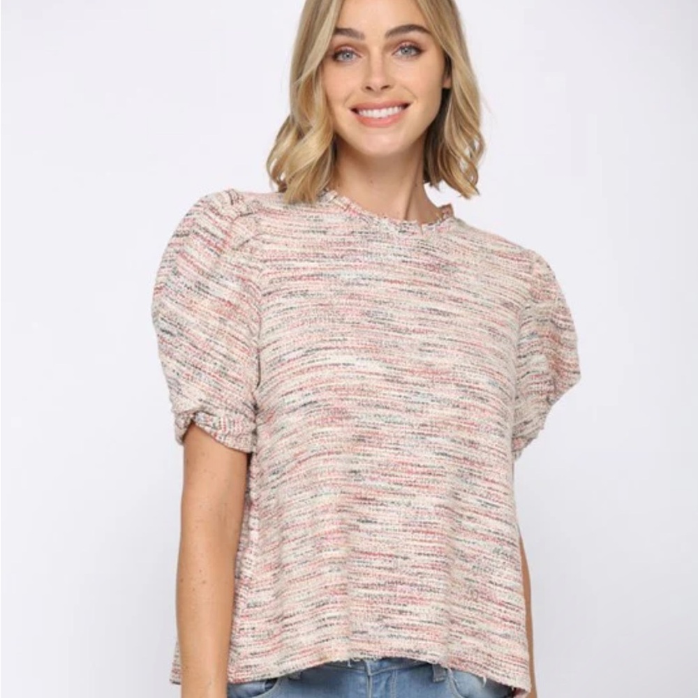 Fate Tweed multi color short sleeve puff sleeve top